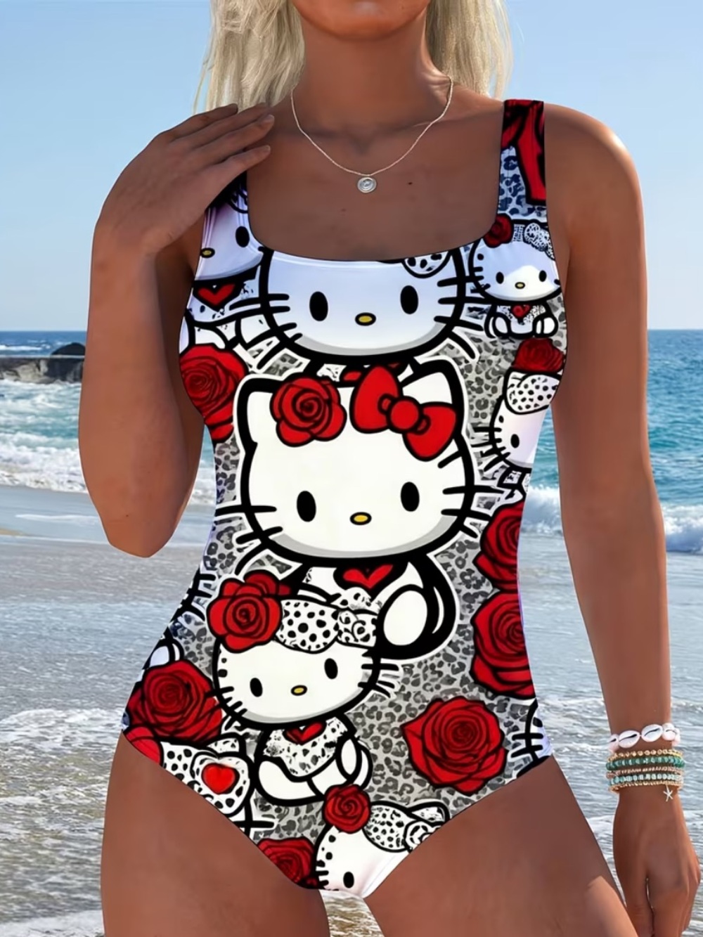 ⬇️ 🆕 Hello Kitty Red Rose Print Girls' One-Piece Swimsuit- Size L